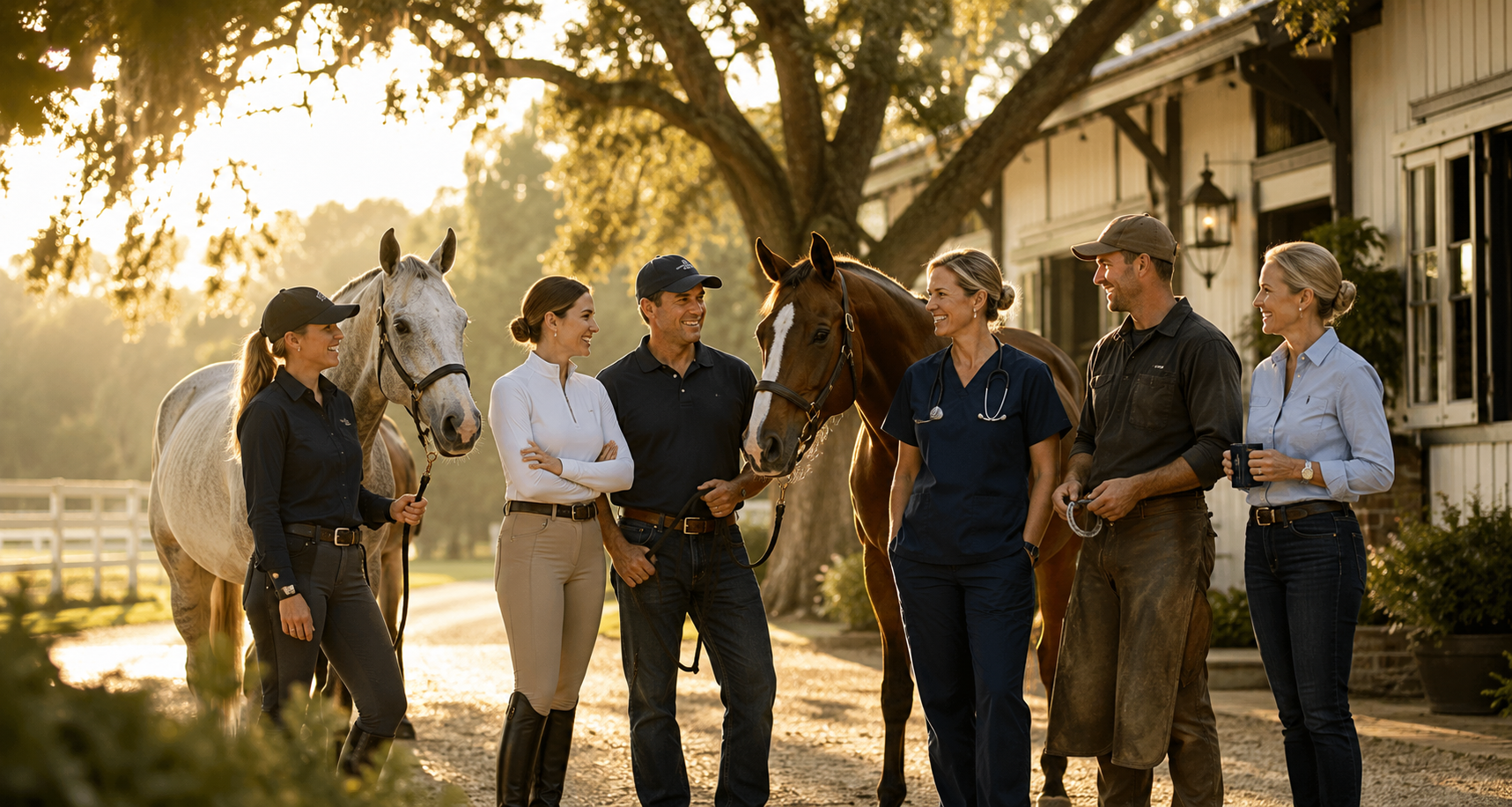 Equestrian community members with horses at sunset